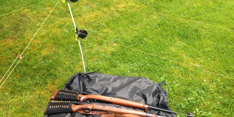 Two rifles lay next to a bear defence fence